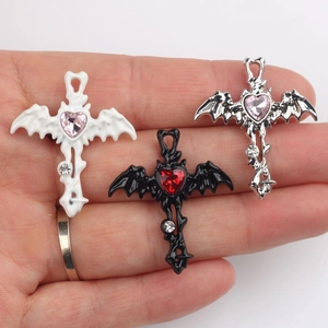 Gothic bat wing heart cross pendants with inlaid zircons and colorful gemstones