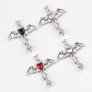 Gothic bat wing cross pendant with heart zircon in four colors for DIY jewelry making