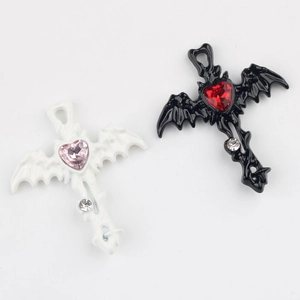 Gothic bat wing cross pendant with heart-shaped zircon and rhinestones for DIY jewelry