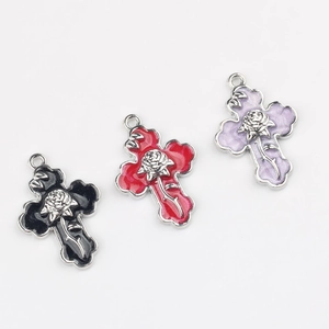 Pendentifs en croix en alliage avec rose émaillée pour la création de bijoux DIY