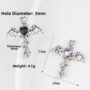 Gothic bat wing cross pendants with heart-shaped zircon stones for DIY jewelry making