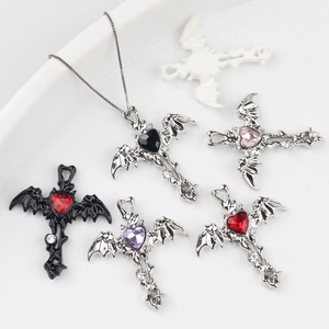 Gothic Bat Wing Heart Cross Pendant Zinc Alloy Rhinestone Charm For DIY Necklace Bracelet Earring Jewelry Making Accessory