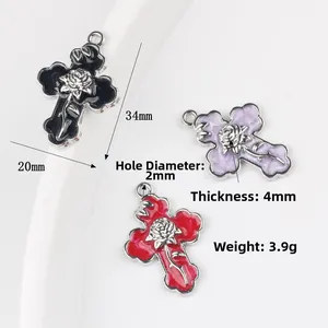 Pendentif croix gothique avec rose en émail noir violet et rouge pour bijoux DIY