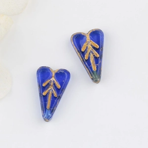Blue heart-shaped Czech glass beads with gold gilded leaf pattern for DIY jewelry making