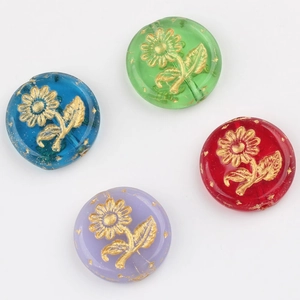 Flat round Czech glass beads with gold sunflower relief in blue, green, red and purple colors