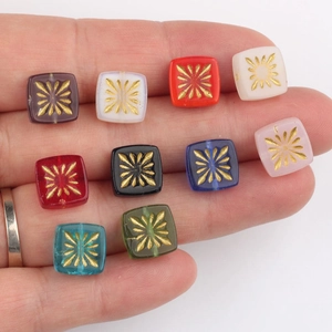 10mm square Czech glass beads with gold fireworks pattern for DIY jewelry making