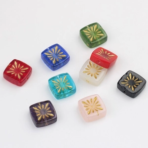 10mm square Czech glass beads with hand-painted gold fireworks for DIY jewelry crafting