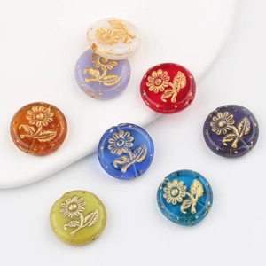 Czech glass sunflower beads with gold foil relief in 8 colors for DIY jewelry making