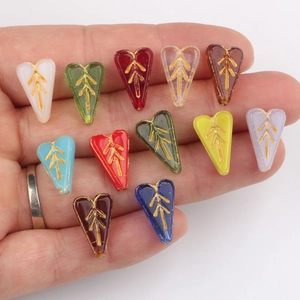 Czech glass heart beads with vintage gold leaf pattern for DIY jewelry making accessories
