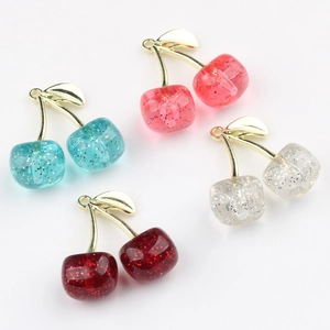 Glitter resin cherry pendants in four colors with gold metal leaf for DIY jewelry making