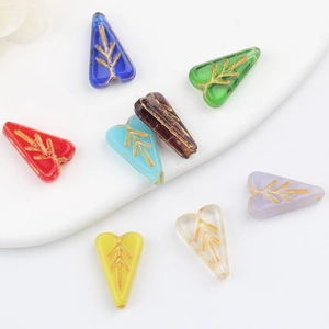 Multi-colored heart and leaf glass beads with vintage gold leaf veins for DIY jewelry