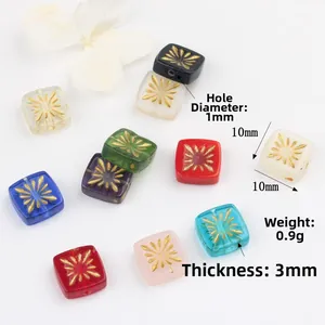 10mm square Czech glass beads with hand-painted gold sunburst for DIY jewelry making