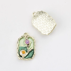 Front and back view of Monet Garden enamel flower pendants with crystal inlays
