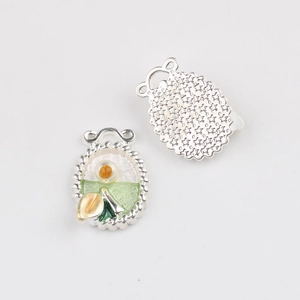 Detailed macro view of enamel flower charm with green background and star textured back