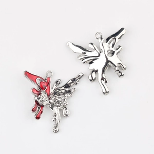 Detail of silver butterfly pendant with red enamel rose inlay and heart-shaped zircon