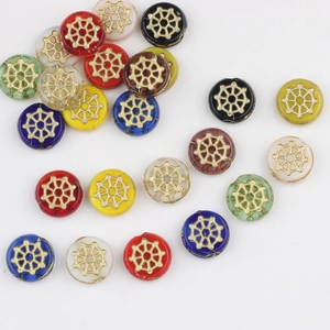 Colorful Czech glass beads with hand-painted gold spider web patterns for DIY jewelry