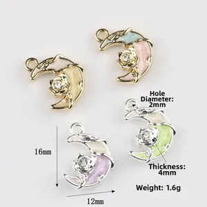 Pendentifs lune en émail avec rose et zircon pour bijoux DIY en diverses couleurs