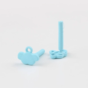 Detail view of light blue cloud-shaped charm showing front design and back mounting post
