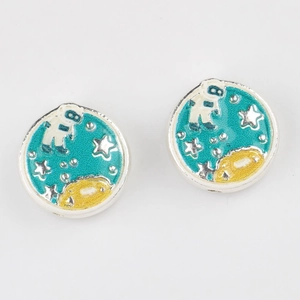 Pair of round astronaut earrings with blue enamel star and planet for DIY jewelry