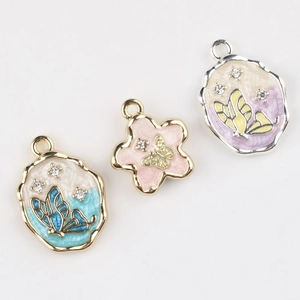 Three enamel butterfly pendants with zircons for DIY jewelry making in Monet Garden style