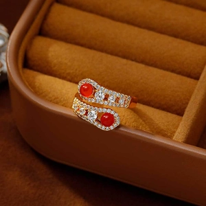 Luxury 18K Gold Plated Copper Bypass Snake Ring For Women Red Agate Cubic Zirconia Inlaid Adjustable Opening Finger Ring