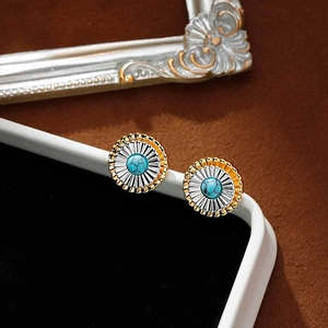 Boucles d'oreilles fleurs bicolores vintage avec turquoise et détails dorés argentés