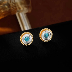 Boucles d'oreilles fleurs double couche bicolores avec pierres turquoise rétro chic