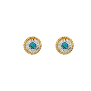 Boucles d'oreilles fleurs bicolores dorées et argentées avec pierre turquoise centrale