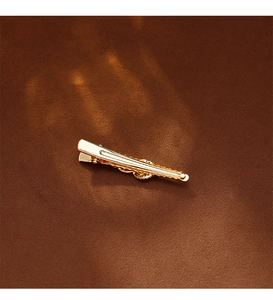 Macro shot of an elegant gold metal hair clip featuring a vintage chain-link design