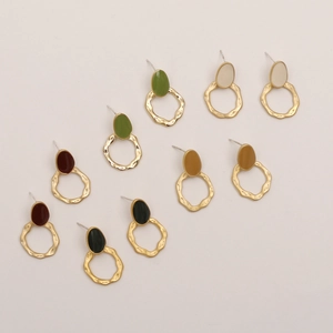 Five-color set of Morandi matte enamel earrings with textured golden wave circles