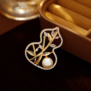 Spilla Vintage in Rame a Forma di Zucca e Bambù Con Imitazione Perla Artificial Zirconia Stile Cinese Lusso Gioielli da Donna