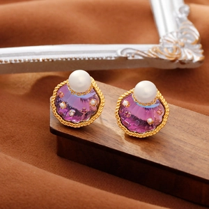 Vintage Koperen Paarse Kristallen Schelp Oorknopjes Met Ronde Kunstparel 925 Sterling Zilver Stift Dames Sieraden