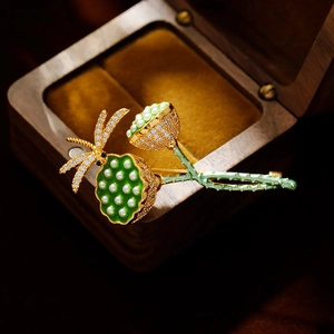 Elegante Lotus- und Libellen-Emaille-Brosche mit Perlen und Zirkonia auf Holzkiste