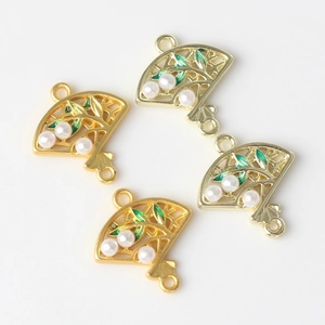Golden fan-shaped alloy connector with green enamel leaves and white pearls for DIY jewelry
