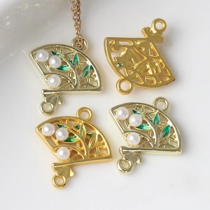 Chinese Style Fan Shape Alloy Enamel Leaf Faux Artificial Pearl Jewelry Connector Charms For DIY Necklace Bracelet Making Findings Accessory