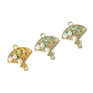 Golden fan-shaped alloy charms with white pearls and green enamel leaf accents