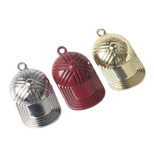 Three colorful alloy baseball cap pendants in silver, gold, and burgundy for DIY jewelry