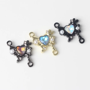 DIY jewelry connectors with heart crystals, pearls and rhinestones in three colors