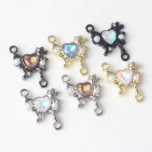 Alloy butterfly heart pendant connector with aurora stones and pearls for DIY jewelry
