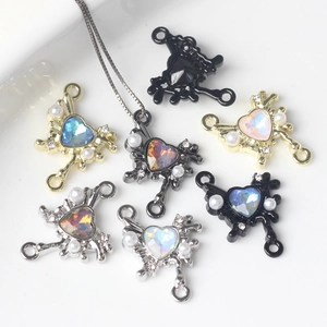 Alloy Heart Iridescent Crystal Pendant Connector Charm With Faux Artificial Pearl Rhinestone Double Loop For DIY Necklace Bracelet Making