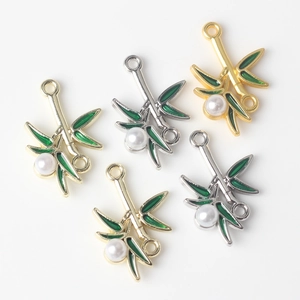 Bamboo leaf pendants with pearl accents in gold and silver alloy for DIY jewelry