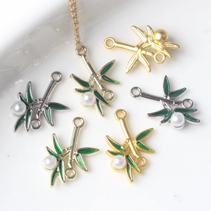 Alloy Bamboo Leaf Pendant Green Enamel White Faux Artificial Pearl Plant Shape DIY Jewelry Finding For Necklace Bracelet Earring Making