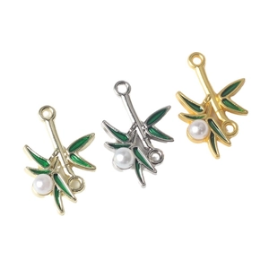 Bamboo leaf pendants with alloy enamel finish and white pearls for DIY jewelry making