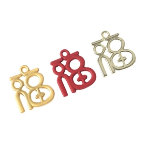 Three hollow Fu character pendants in gold, red and silver for DIY jewelry making