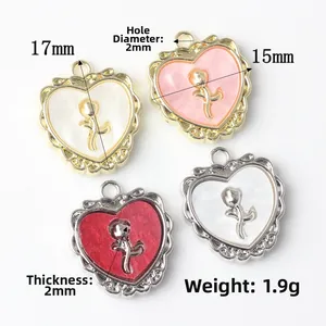 DIY minimalist alloy resin heart charms with roses for jewelry making in gold and silver