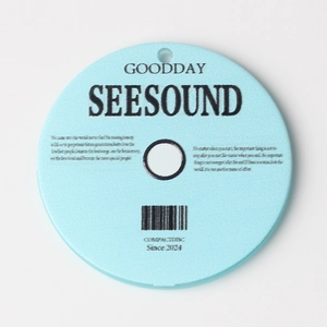 Detail of light blue acrylic music CD pendant with GOODDAY text and pre-drilled hole