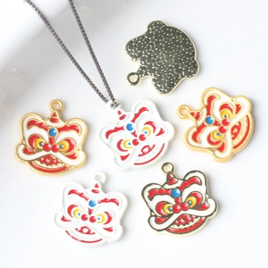 Colgante de Aleación de Cabeza de León de Estilo Chino Esmalte Tradicional Danza del León Dijes para Accesorios de Joyería DIY