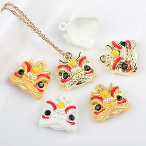 Dijes de Colgante de Danza del León de Aleación Esmaltada Estilo Chino Con Perla Artificial de Imitación Para Hacer Joyas De DIY