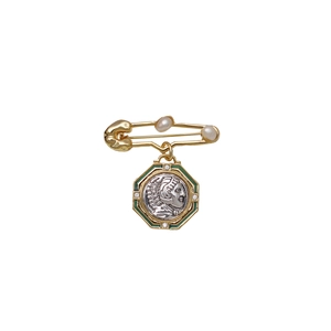 Vintage Athena coin brooch with green enamel, gold plating, and elegant pearl accents