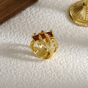 Anillo de Cobre Retro con Textura de Lava para Mujer con Circonia Rectangular Roja Anillo Abierto Ajustable Joyería